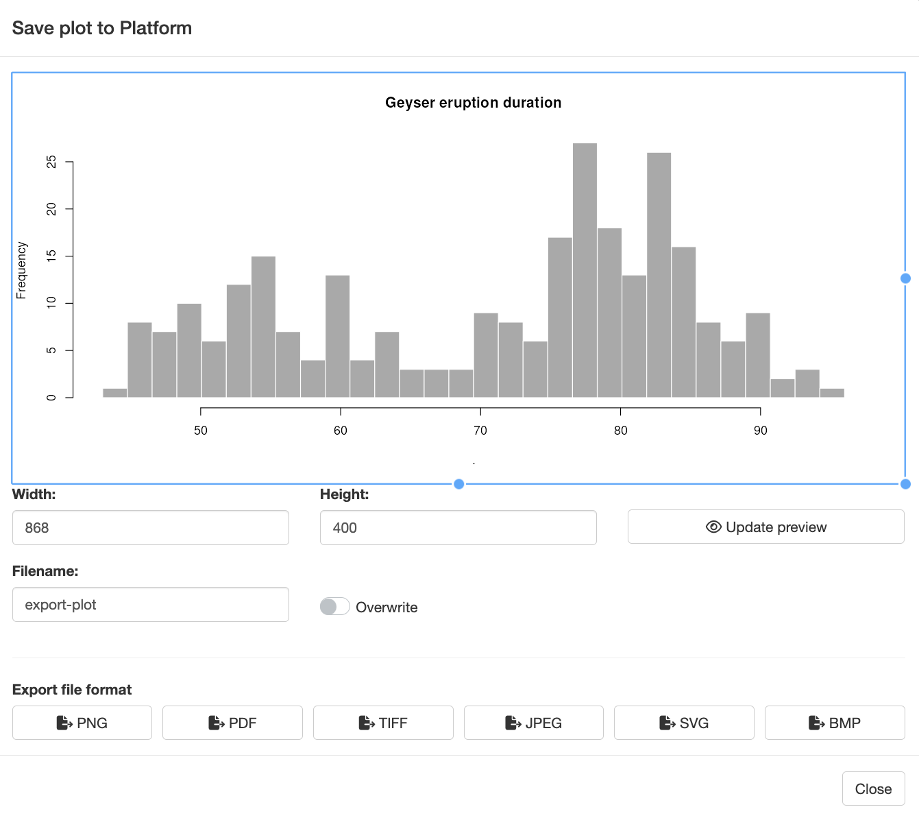 Plot exporter modal dialog